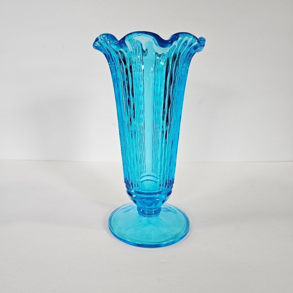 Vintage Aqua Ice Blue Footed Ruffled Ribbed Textured Depression Glass Vase 10"